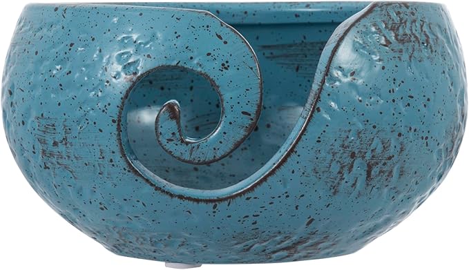 MyGift Turquoise Ceramic Tangle-Free Yarn Ball Bowl, Rustic Handcrafted Knitting Crochet Bowl with Cut Out Swirl