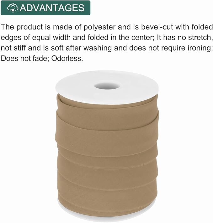 MECCANIXITY 1 Inch Double Fold Bias Tape Polyester Continuous Bulk Bias Tape for Sewing,Seaming Quilting Hemming Binding Crafts (Khaki 25 Yards)