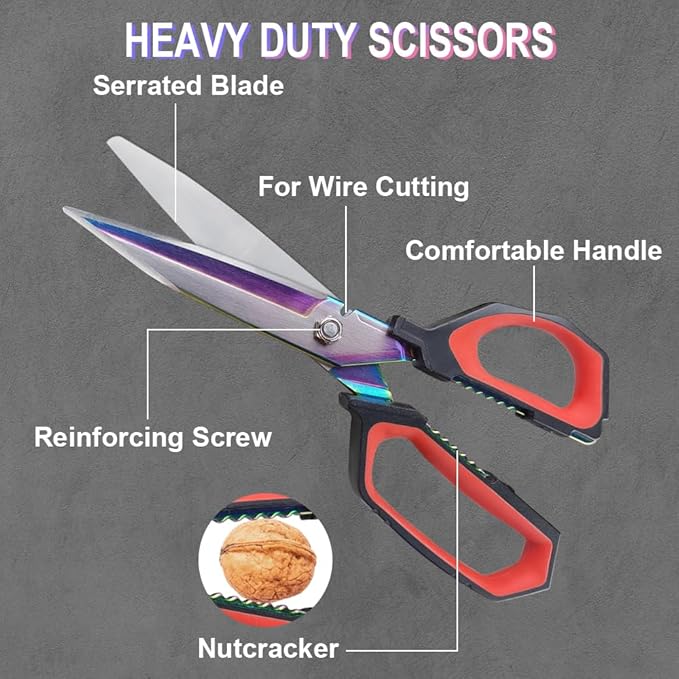 9.5" Multipurpose Heavy Duty Scissors, Titanium Coating Forged Scissors, Comfort Grip, Industrial Shears for Carpet, Wire, Leather, Fabric,Cardboard