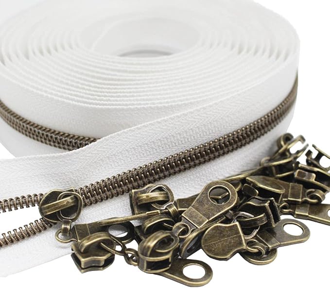 MebuZip #5 Antique Brass Metallic Nylon Coil Zippers by The Yard Bulk Coil Zipper Roll 10 Yards with 25pcs Pulls for DIY Sewing Craft Bags (White)