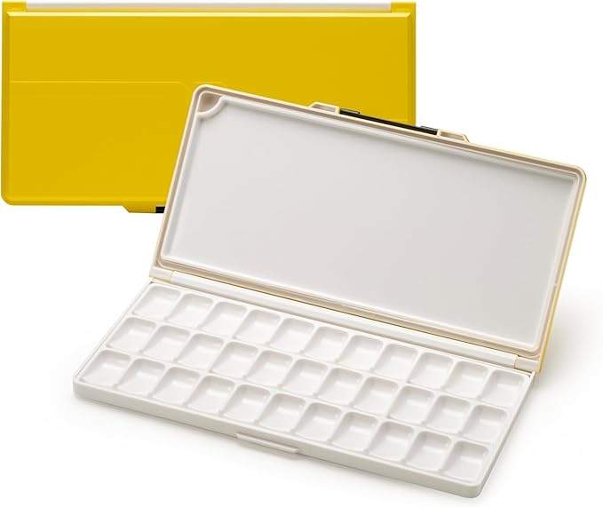 MEEDEN Watercolor Palette with Lid: 33 Wells Airtight Folding Paint Palette with Large Mixing Tray - Empty Acrylic Painting Art Pallet 12.5''x 6.5'' Yellow