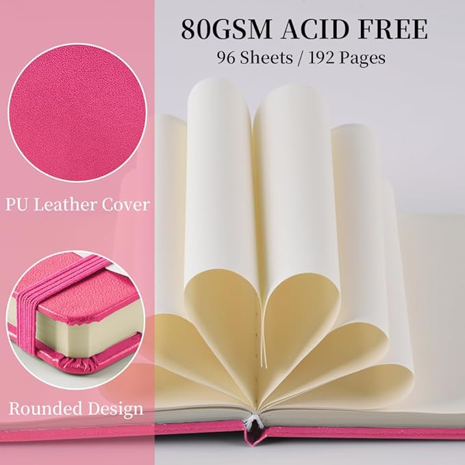 E-WEICHEN Square 5x5 inches 80gsm 96sheets/192 Pages Notebooks Blank Sketchbooks Travel Journal Pocket Hardcover Paint Writing Diary Memo Planner PU Leather Cover. Rose Pink
