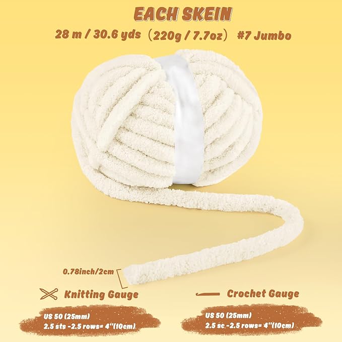 inhand 18 Pack Chunky Chenille Yarn for Crocheting– 30.6 Yards, 7.7oz, Super Bulky, Soft Fluffy Plush Yarn for Hand or Arm Knitting– Ideal for Blankets, Crafts & DIY Projects (Cream White)
