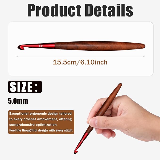 Giwrmu Crochet Hooks, 5mm Ergonomic Crochet Hook, Available in 3mm-7mm, Colored Aluminum Crochet Hook with Wooden Handle Crochet Needle for Crocheting Yarn