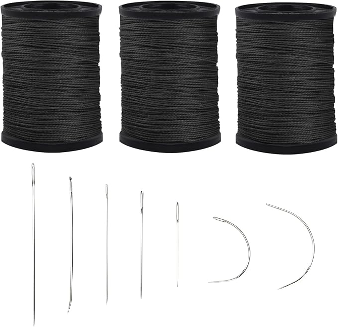 Topus Extra Strong Upholstery Repair Sewing Thread Kit and Heavy Duty Household Hand Needles, Including 7 Styles of Leather Canvas Sewing Needles and 3 Rolls Nylon Thread (70 Yard of Each Roll), Black