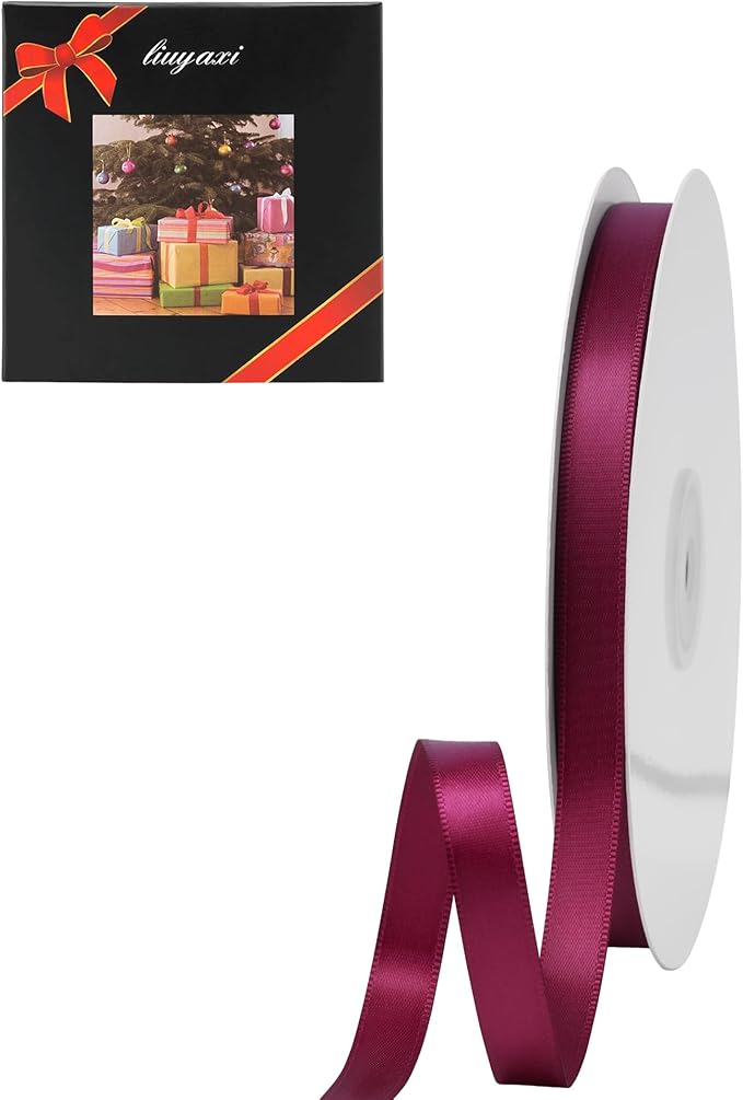 LIUYAXI Burgundy Double Faced Satin Ribbon, 3/8" X Continuous 25 Yards, Ribbons Perfect for Gift Wrapping Bows Bouquet Wedding Decor DIY Craft and More