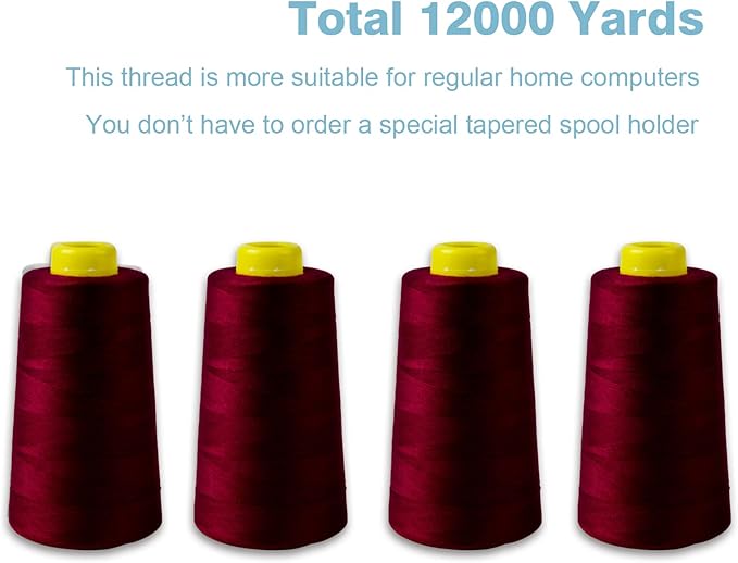 Burgundy Serger Thread All-Purpose Thread for Sewing, Polyester, 4 Cones of 3000 Yards Each Spool for Sewing Machine