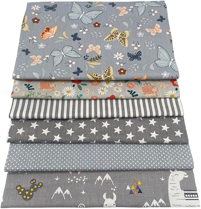 6Pcs Cotton Fabric Squares 20x20 Inch (50x50cm) Pre-Cut Quilt Squares Sheets Patterns Craft Cotton Fabric Bundle for Sewing Quilting Patchwork Crafting Home Décor Handwork (Grey)
