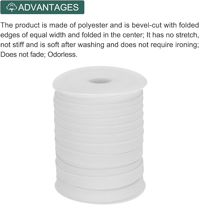 MECCANIXITY 1/2 Inch Double Fold Bias Tape Polyester Continuous Bulk Bias Tape for Sewing,Seaming Quilting Hemming Binding Crafts (White 55 Yards)
