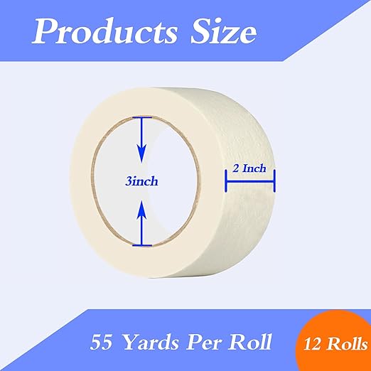 Lazybug studio Masking Tape 2 Inch Wide, 12 Pack White Masking Tape for General Purpose Use, 2 Inch x 55 Yards x 12 Rolls, 660 Yards in Total