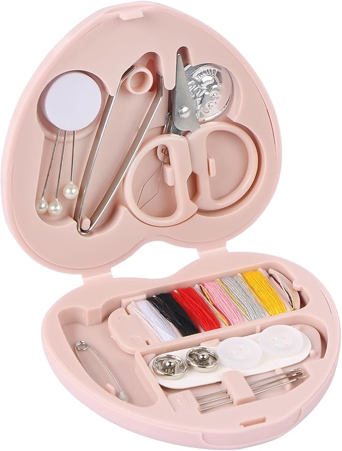 MIDELONG Heart Shaped Portable Travel Sewing Repair Kit - Mini Box with Threads, Scissors, DIY Hand Sewing Needles, Pink