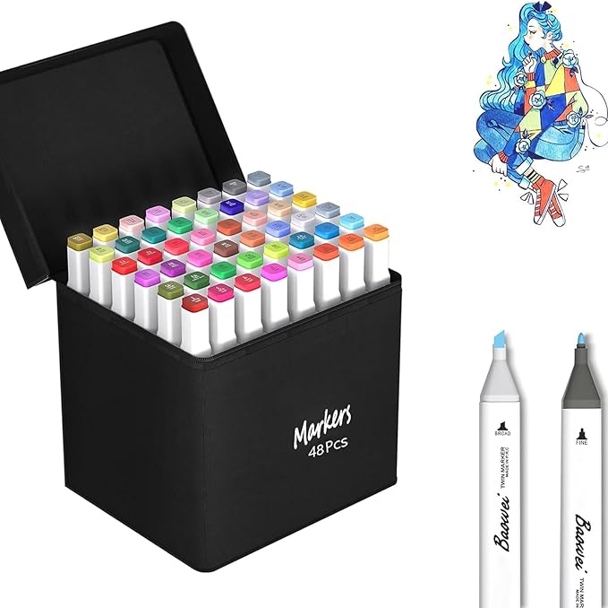 RUN HELIX Alcohol Markers, 48 Colors Dual Tip Markers Broad Brush Tip and Fine Tip, Marker for Coloring Drawing Painting Art, Alcohol Marker Set with Case for Adults (White Barrel)