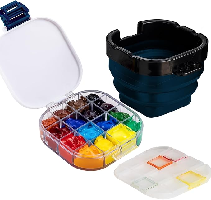 Falling in Art Paint Palette, Airtight 16 Wells Storage Palette Box with Lid and Folding Paint Brush Basin for Watercolor, Gouache and Acrylic Painting (Blue)