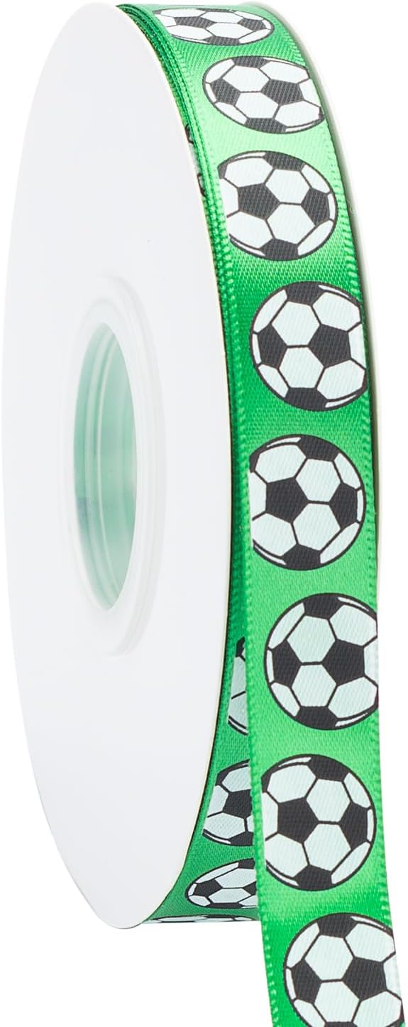 Soccer Ribbon,5/8-Inch x 50-Yard,White/Green,Use for Team Hair Bows,Wreath,Sport Lanyards,Gift Wrapping,Party Decoration,All Crafting and Sewing (Green, 50-Yard)