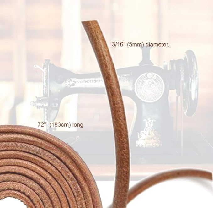 SEWTCO Real Leather Sewing Machine Belt - 71" x 3/16" Treadle with Hook for Singer/Jones Machines