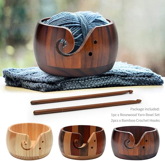 Wooden Yarn Bowl with Bamboo Crochet Hooks, Knitting Accessories DIY Hand Craft Yarn Holder Dispenser Storage Bowl for Skeins, Birthday Gifts for Crocheters Knitting Lovers(Color:Brown)