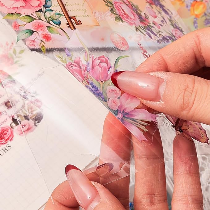 MAFELOE 30 Pages PET Scrapbook Stickers of Creative Flowers Theme, Aesthetic Deco Journaling Supplies for Junk Bullet Diary Album Calendars-Pink (Y3-P-WSSL)