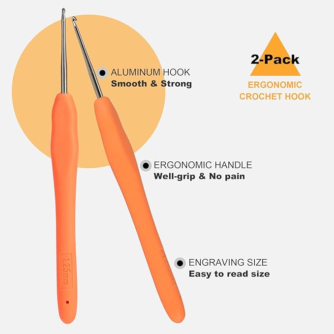 2Pcs 1.25mm Small Crochet Hooks, Ergonomic Small Lace Crochet Hook for Beginners, Crochet Needles for Crocheting, Smooth and Comfortable for Arthritis (1.25mm)