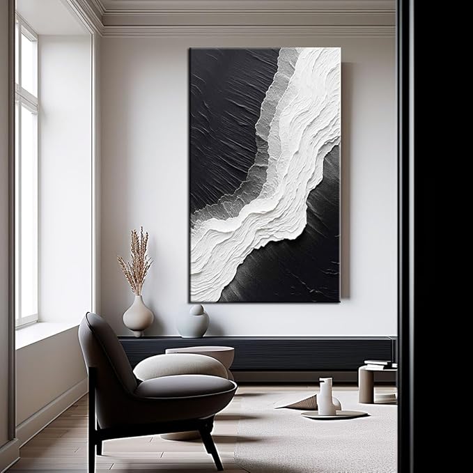 YaSheng Art - Hand-Painted Thick Texture Abstract Oil Painting sea wave Black and White Wall Art Minimalist modern Art Paintings Home Living room Room Dining Room Bedroom Wall Decorative Art Oil Painting 24x48inch