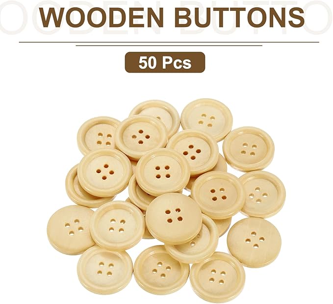 uxcell 50Pcs Wooden Buttons, 25mm(1") 4 Hole Round Wood Sewing Button Craft Flatback for Sewing DIY Craft Clothing, Natural Wood