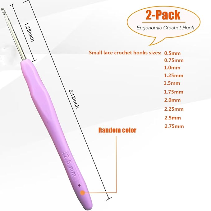 Mdoker 2PCS Small Size Crochet Hook Ergonomic Handle Crochet Hook Needles for Arthritic Hands,Thread Crochet Steel Lace Hooks Size 2.5mm