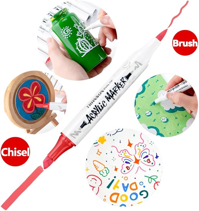 TRANSON 12 Colors Chisel and Brush Dual-tip Acrylic Paint Marker Pen Set for Canvas Rock Wood Leather Ceramic DIY Painting