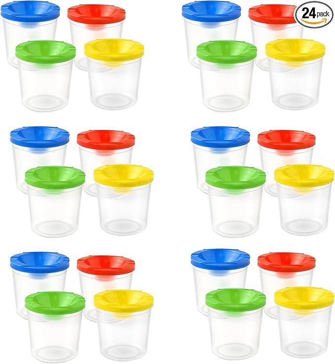24 Pcs No Spill Paint Cups with Lids for Kids Reusable Spill Proof Paint Cups for Classroom art Supplies and Crafts, (4 Colors)