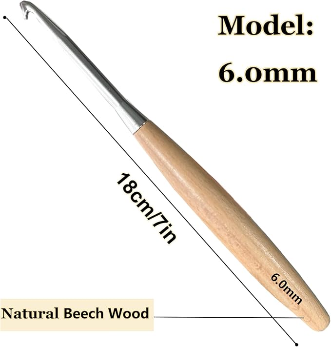 Beech Wood Crochet Hooks,6mm Ergonomic Handle Crochet Hook Hand DIY Comfortable Smooth Long  Crochet Needle for Crocheting Yarn and Beginners,Experienced Crochet Lovers