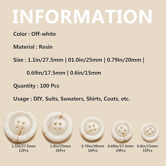 Sewing Buttons - Craft Buttons, 5 Sizes of 100 Pcs Versatile Buttons for Sewing, DIY Projects and Holiday Decoration (Off-White)