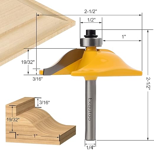 Exqutoo 3PCS 1/4" Shank Router Bit Set, Raised Panel Cabinet Door Making Router Bits, Cemented Carbide Router Bits, Woodworking Tools Router Door & Window Bits (Tenon Joint Cutter Diameter: 1-5/8")