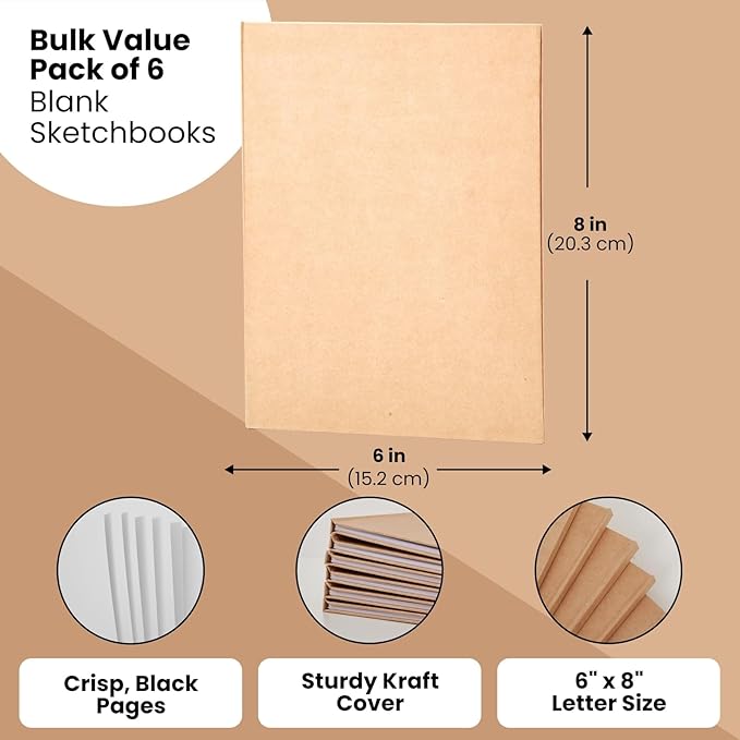 Kraft Hard Cover Blank Books for Kids 6x8 – 6 Pack of Unlined Journals with 36 Pages Each – Durable 120gsm Paper for Drawing, Sketching, Writing & Classroom Projects – DIY Storybooks & Art Notebooks
