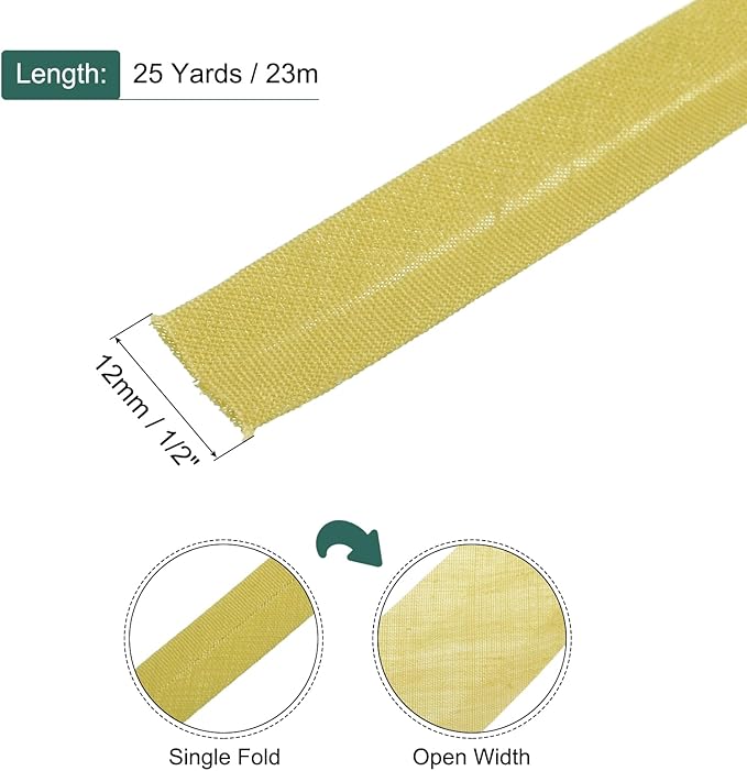 MECCANIXITY 1/2 Inch Single Fold Bias Tape Polyester Continuous Bulk Bias Tape for Sewing,Seaming Quilting Hemming Binding Crafts (Gold 25 Yards)