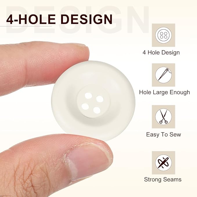 HARFINGTON 50pcs Sewing Button 28mm (1-1/8 Inch) 4 Holes Resin Thickened Round Crafting Replacement Buttons for Clothing DIY Crafts Decoration, White