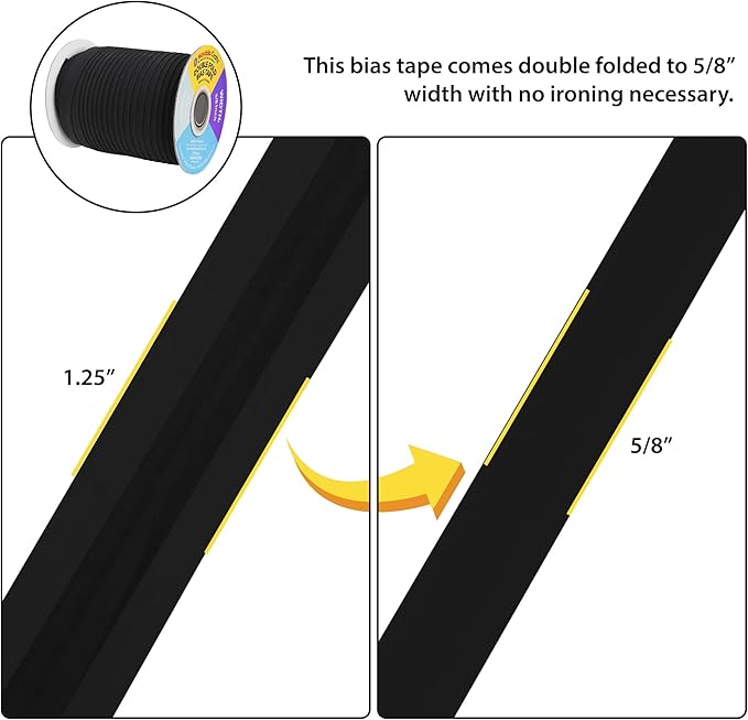 Mandala Crafts 55 Yards 5/8 Inch Black Double Fold Bias Tape for Sewing - Bias Binding Tape for Quilting Binding, Hemming, Seam, and Fabric Piping