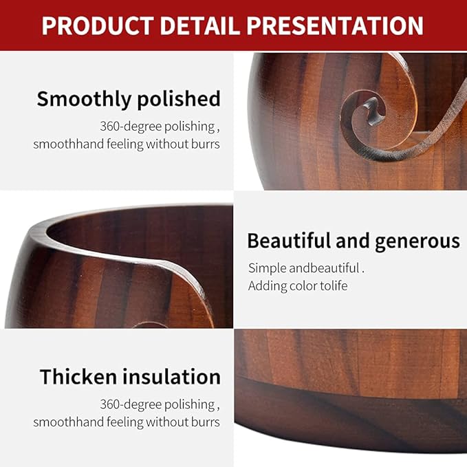 Wooden Yarn Bowl with Bamboo Crochet Hooks, Knitting Accessories DIY Hand Craft Yarn Holder Dispenser Storage Bowl for Skeins, Birthday Gifts for Crocheters Knitting Lovers(Color:Brown)