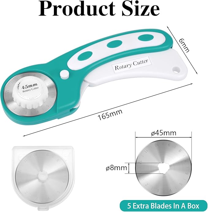 45mm Rotary Cutter for Fabric, Fabric Cutters with 5pcs Extra Rotary Blades, Roller Cutter Set for Sewing, Quilting, Leather & Craft Projects (Teal)