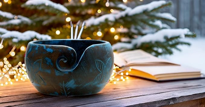 Large Wooden Blue Yarn Bowl for Crocheting - Crochet Holder (7x4) - Knitting Yarn Ball Storage - Crafting Christmas Gifts for Women, Gifts for Moms, Birthday