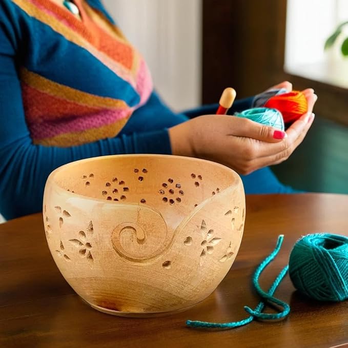 Prime Art Wooden Yarn Bowl Yarn Bowl for Crochet Yarn Bowl for Knitting Yarn Bowl for Crochet Large Yarn Bowl (Mangowood)