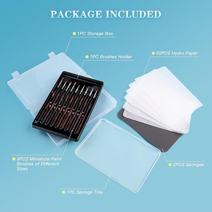 Wet Pallets for Painting Miniatures - Stay Wet Palette for Acrylic Painting Kit with 9PCS Miniature Paint Brushes, 50PCS Pallet Paper, 2PCS Sponge, 1PC Brush Holder, 1PC Sponge Tray