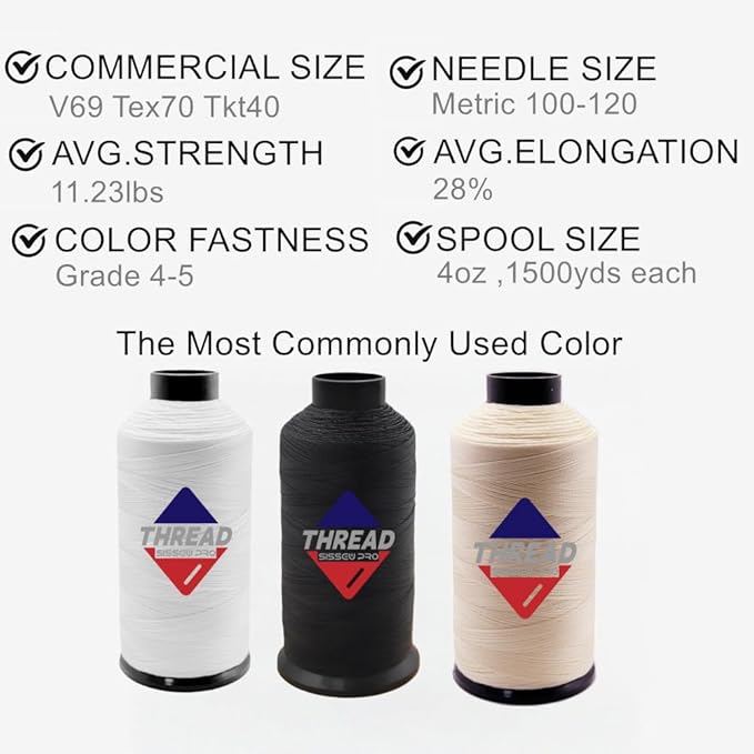 Sissewpro 2 Pack Bonded Nylon Thread 69 Upholstery Thread Heavy Duty for Leather Sewing Machine Extra Strong Black Threads for Hand Repair, Crafts, Beading, Denim, Canvas 4oz 1500yds Each（ BK,WH）