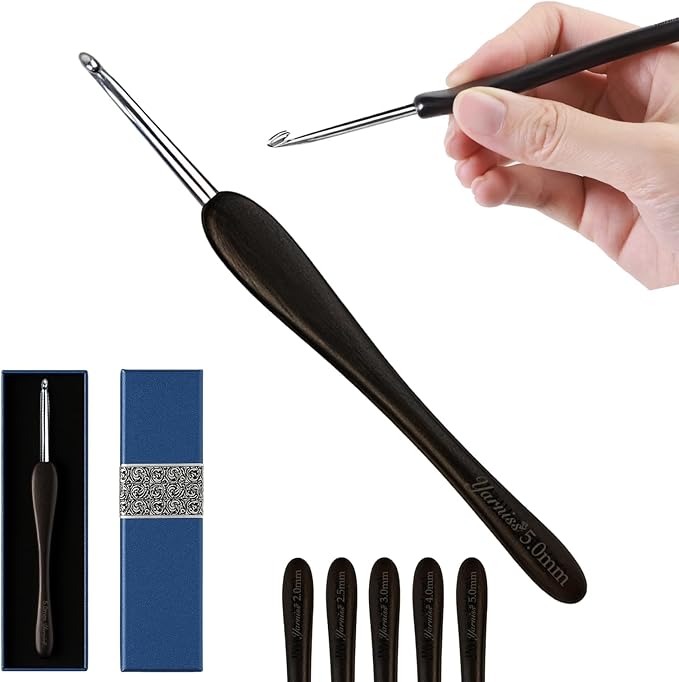 Yarniss 5.0mm Steel Crochet Hook with Ebony Wooden Handle,Handmade Inline Crochet Hook with Pointed Head,Comfortable Crochet Needle with Case