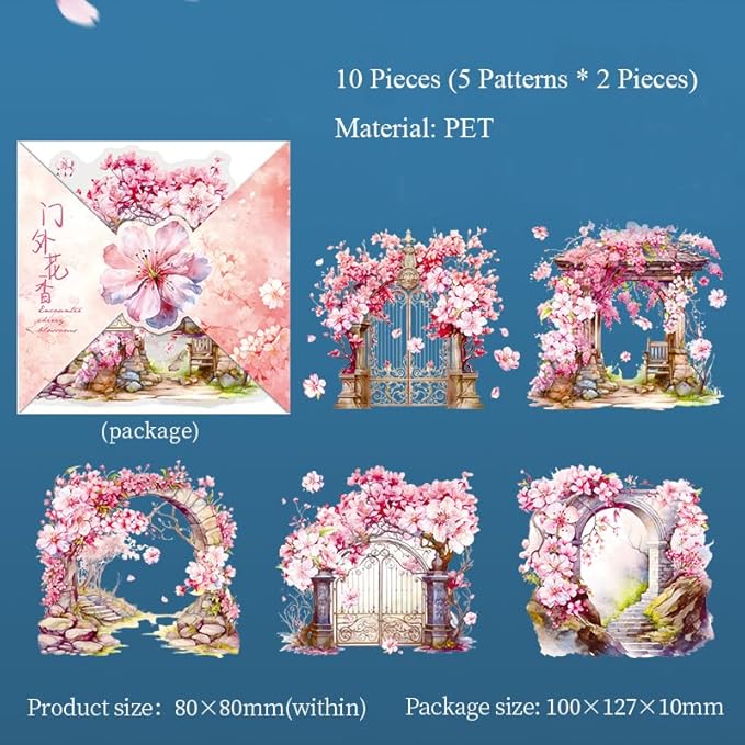 MAFELOE Scrapbook Stickers of 10 Pieces, PET Aesthetic Deco Stickers Journaling Supplies for Junk Bullet Bottles Laptop- Cherry Blooms Series-F