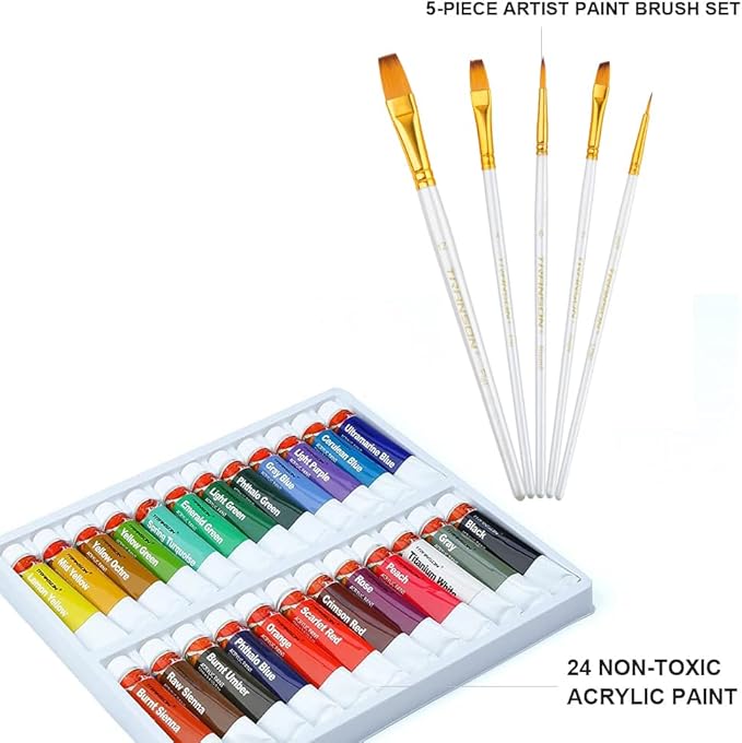 TRANSON Acrylic Paint Set 24-color with 5 Paint Brushes Non-toxic for Canvas Craft Rock Art Painting
