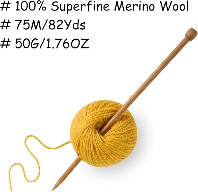 100% Merino Wool Yarn, 3-Ply Luxurious and Soft Yarn for Hand Knitting & Crocheting (Gold,1Ball)