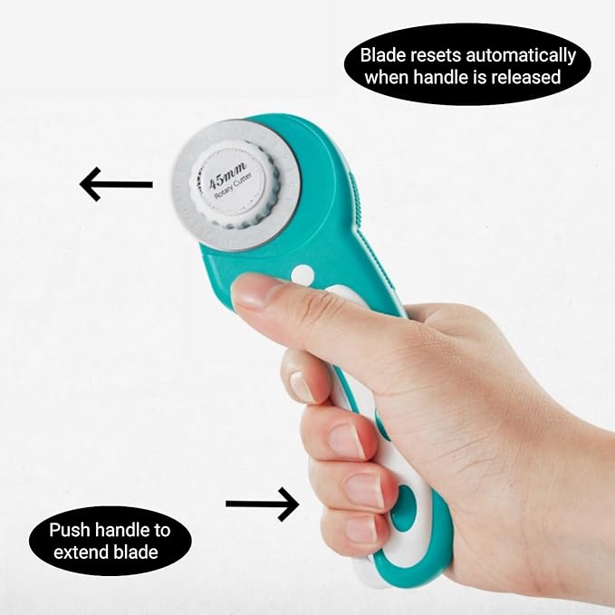 45mm Rotary Cutter and Mat Set, Fabric Cutter Wheel and 12x18 Inch Self Healing Sewing Cutting Mat, Fabric Rotary Cutter with 5pcs Rotary Blades for Quilting Patchworking Crafts, Turquoise