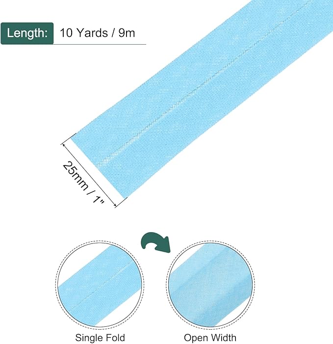 MECCANIXITY 1 Inch Single Fold Bias Tape Cotton Continuous Bulk Bias Tape for Sewing, Seaming Quilting Hemming Binding Crafts (Light Blue 10 Yards)