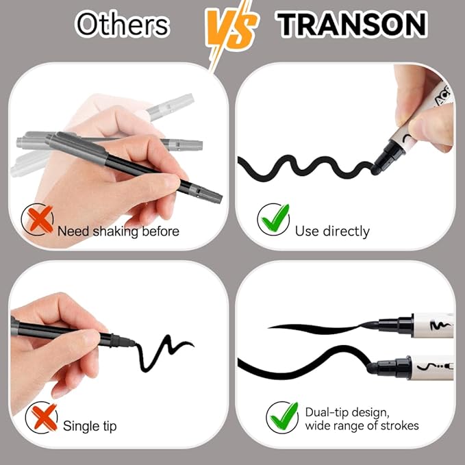 TRANSON 8 Pack Black Brush and Bold Dual-tip Acrylic Paint Marker for DIY Glass Canvas Wood Leather Ceramic Rock Painting