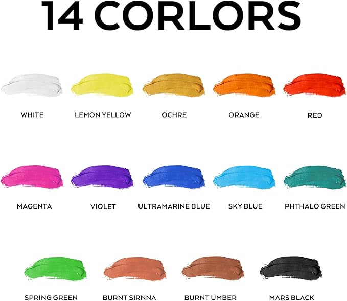 Nicpro 14 Colors Outdoor Acrylic Paint Bulk (4.06 oz,120ml) with Brush and Sponge, Knife, Non-Toxic Gloss Paint for Multi-surface Rock, Wood, Fabric, Leather, Crafts, Canvas, Shoes and Wall Painting
