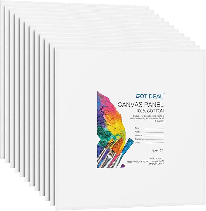 GOTIDEAL Canvases for Painting, 12x12 inch of 12, Professional Primed White Blank Flat Canvas Panels- 100% Cotton Artist Canvas Boards for Acrylics Painting, Oil Watercolor Tempera