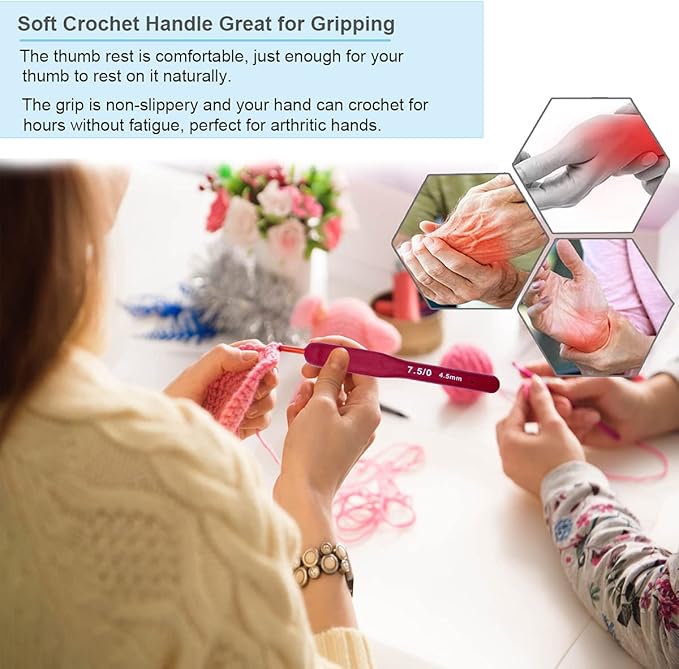 Ergonomic Crochet Hooks Set,Silicone Crochet Hook Knititng Needles for Arthritic Hands Premium Soft Grip Crochet Handles for Crocheting Yarn Craft Projects(2.0mm-6mm,Red)